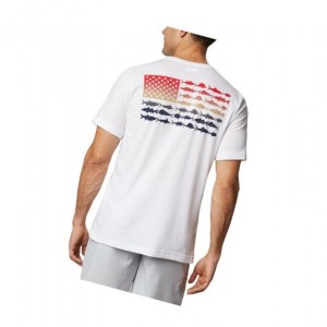 Columbia PFG Fish Flag Pocket Tişört Erkek Beyaz Kırmızı | 62571-TRGK