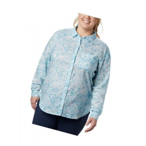 Columbia PFG Sun Drifter II Long Sleeve Plus Size Gömlek Kadın Mavi | 57190-ICJK