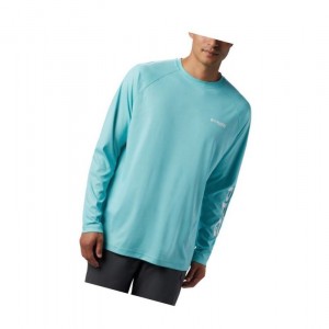 Columbia PFG Terminal Deflector Long Sleeve Big Sweatshirt Erkek Açık Turkuaz Beyaz | 21547-OGQU