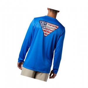 Columbia PFG Terminal Tackle Country Triangle Long Sleeve Sweatshirt Erkek Mavi | 62719-GNVR