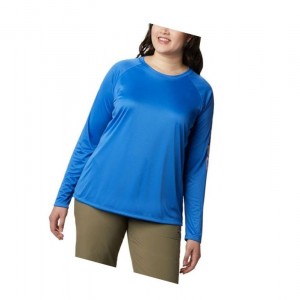 Columbia PFG Tidal II Long Sleeve Plus Size Sweatshirt Kadın Mavi Açık Mercan | 40789-CLBV