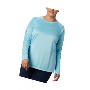 Columbia PFG Tidal II Long Sleeve Plus Size Sweatshirt Kadın Mavi Beyaz | 86147-YQHF