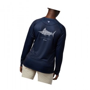 Columbia PFG Tidal Long Sleeve Sweatshirt Kadın Lacivert Beyaz | 95647-VWJZ