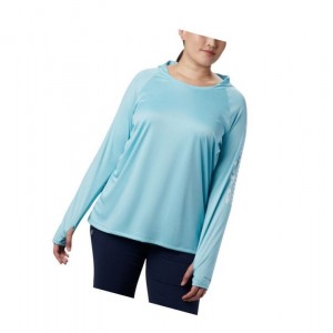 Columbia PFG Tidal Plus Size Kapşonlu Kadın Mavi Beyaz | 46780-PEUH
