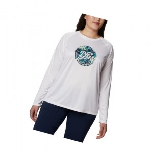Columbia PFG Tidal Printed Medallion Long Sleeve Plus Size Sweatshirt Kadın Beyaz Lacivert | 83425-NZSQ