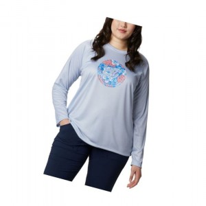 Columbia PFG Tidal Printed Medallion Long Sleeve Plus Size Sweatshirt Kadın Gri Mavi | 47986-CBQZ