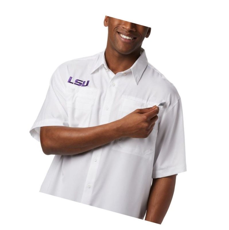 Columbia Collegiate PFG Tamiami Short Sleeve - LSU Gömlek Erkek Beyaz | 06791-DARL