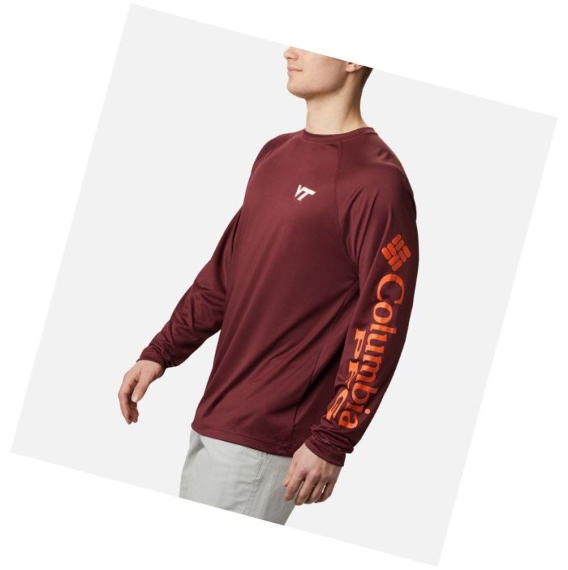 Columbia Collegiate PFG Terminal Tackle Long Sleeve - Virginia Tech Sweatshirt Erkek Koyu Bordo Kahverengi Turuncu | 28540-TYKQ