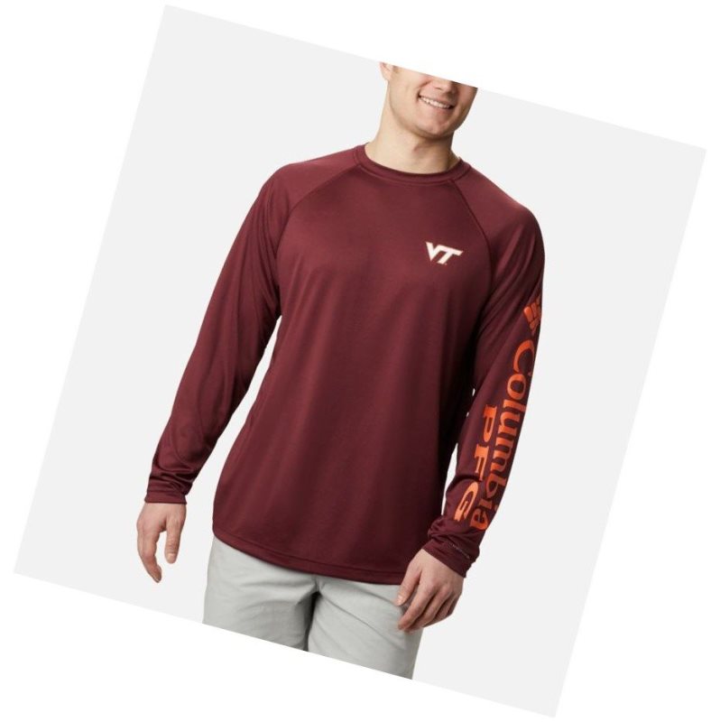 Columbia Collegiate PFG Terminal Tackle Long Sleeve - Virginia Tech Sweatshirt Erkek Koyu Bordo Kahverengi Turuncu | 28540-TYKQ