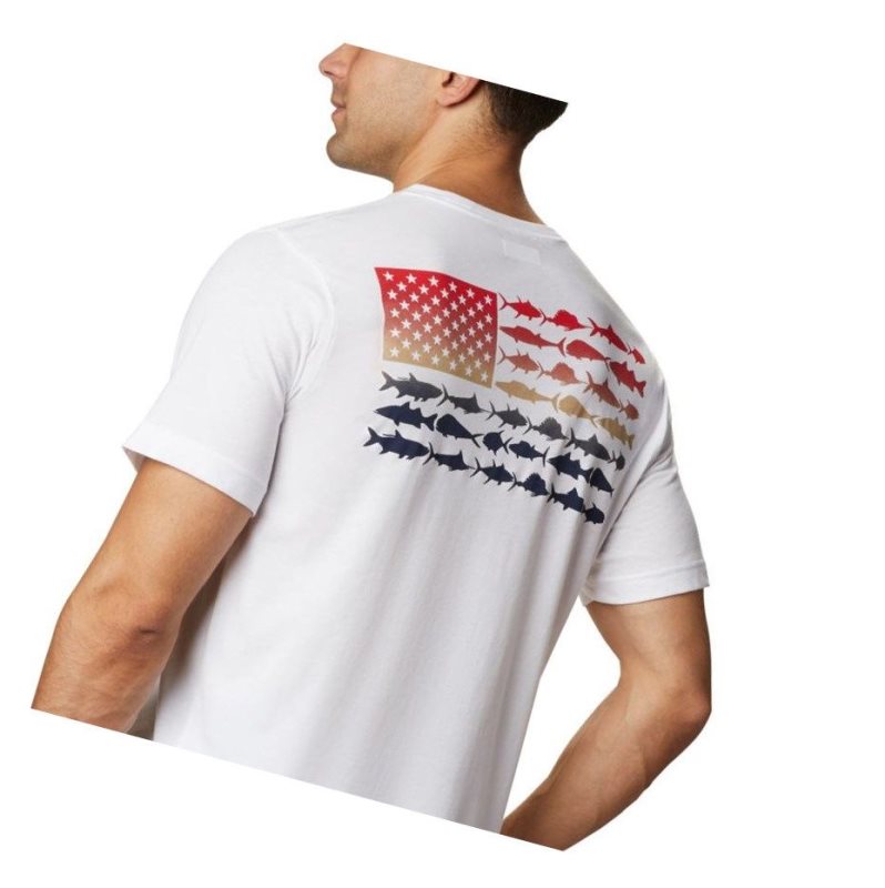 Columbia PFG Fish Flag Pocket Tişört Erkek Beyaz Kırmızı | 62571-TRGK