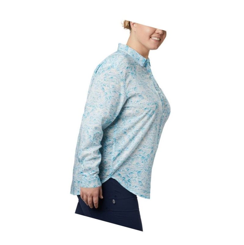 Columbia PFG Sun Drifter II Long Sleeve Plus Size Gömlek Kadın Mavi | 57190-ICJK