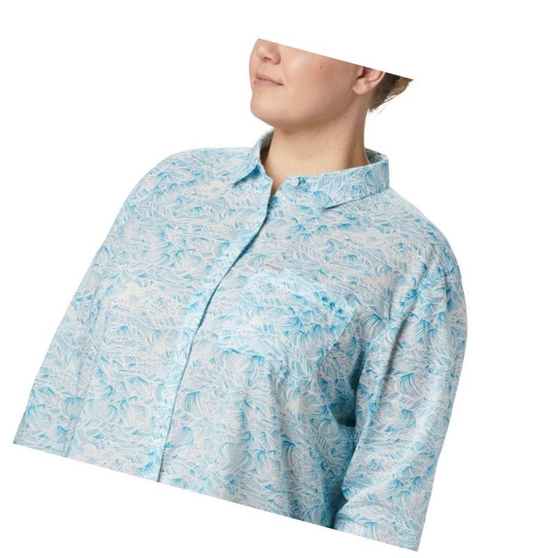 Columbia PFG Sun Drifter II Long Sleeve Plus Size Gömlek Kadın Mavi | 57190-ICJK