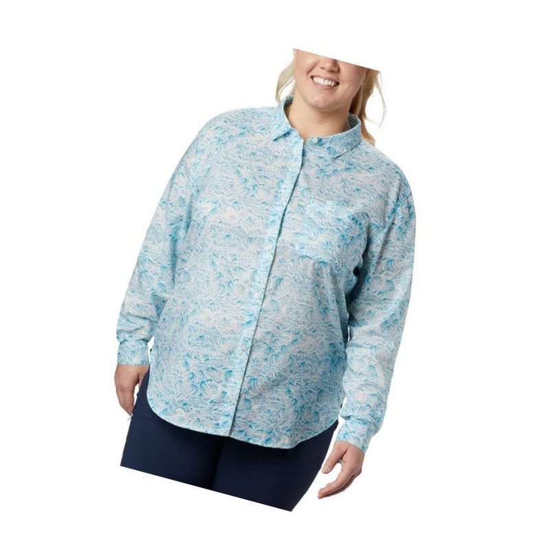 Columbia PFG Sun Drifter II Long Sleeve Plus Size Gömlek Kadın Mavi | 57190-ICJK