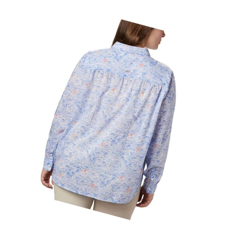 Columbia PFG Sun Drifter II Long Sleeve Plus Size Gömlek Kadın Mavi | 07462-GNML
