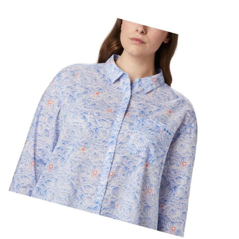 Columbia PFG Sun Drifter II Long Sleeve Plus Size Gömlek Kadın Mavi | 07462-GNML