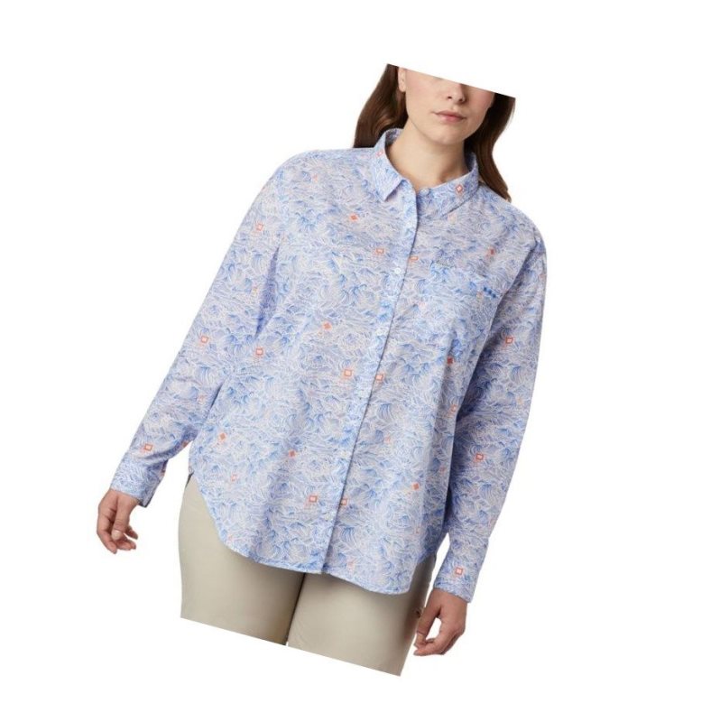 Columbia PFG Sun Drifter II Long Sleeve Plus Size Gömlek Kadın Mavi | 07462-GNML