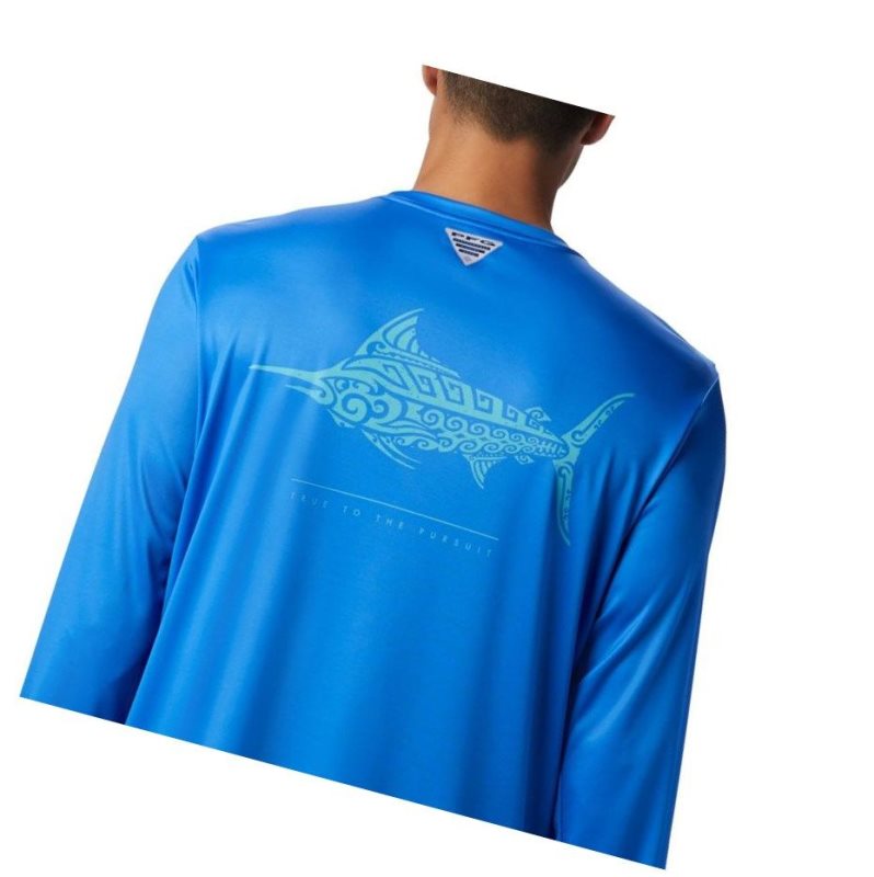 Columbia PFG Terminal Tackle Tribal Fish Long Sleeve Sweatshirt Erkek Mavi | 38402-JFAC
