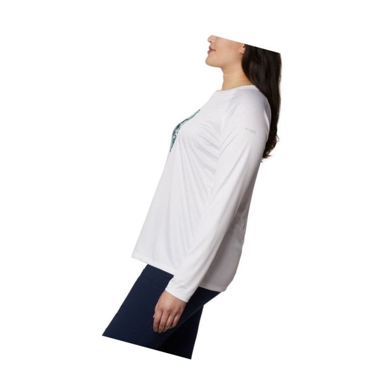 Columbia PFG Tidal Printed Medallion Long Sleeve Plus Size Sweatshirt Kadın Beyaz Lacivert | 83425-NZSQ