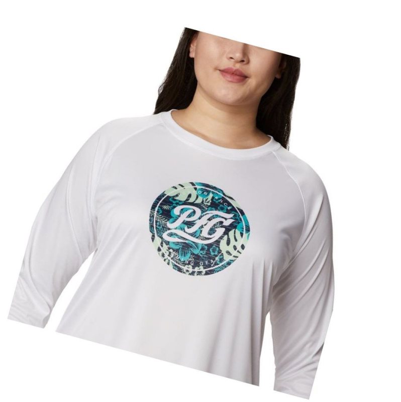 Columbia PFG Tidal Printed Medallion Long Sleeve Plus Size Sweatshirt Kadın Beyaz Lacivert | 83425-NZSQ