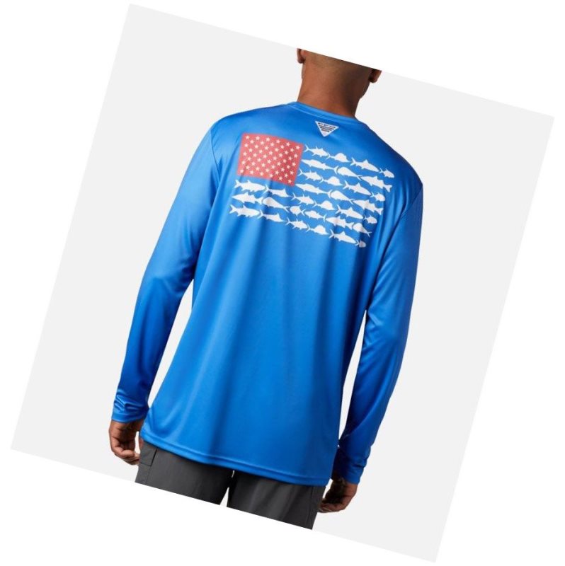 Columbia Terminal Tackle PFG Fish Flag Long Sleeve Sweatshirt Erkek Mavi Beyaz | 98436-JTBU