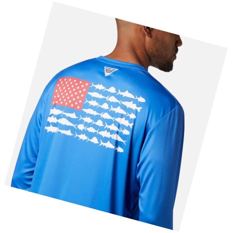 Columbia Terminal Tackle PFG Fish Flag Long Sleeve Sweatshirt Erkek Mavi Beyaz | 98436-JTBU