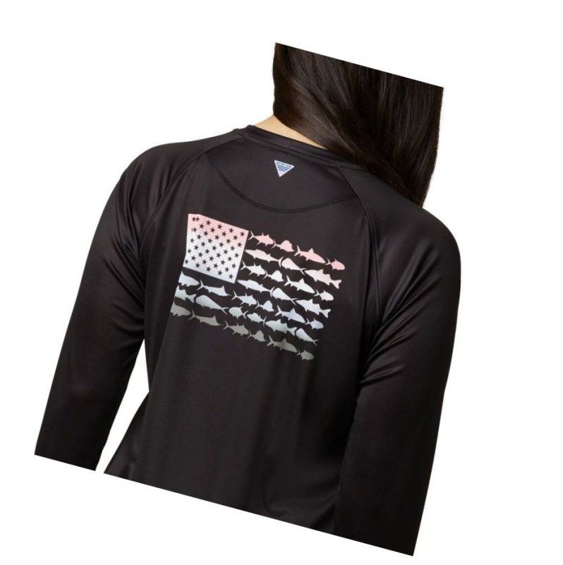 Columbia Tidal PFG Fish Flag Long Sleeve Sweatshirt Kadın Siyah Pembe | 79368-JXQW