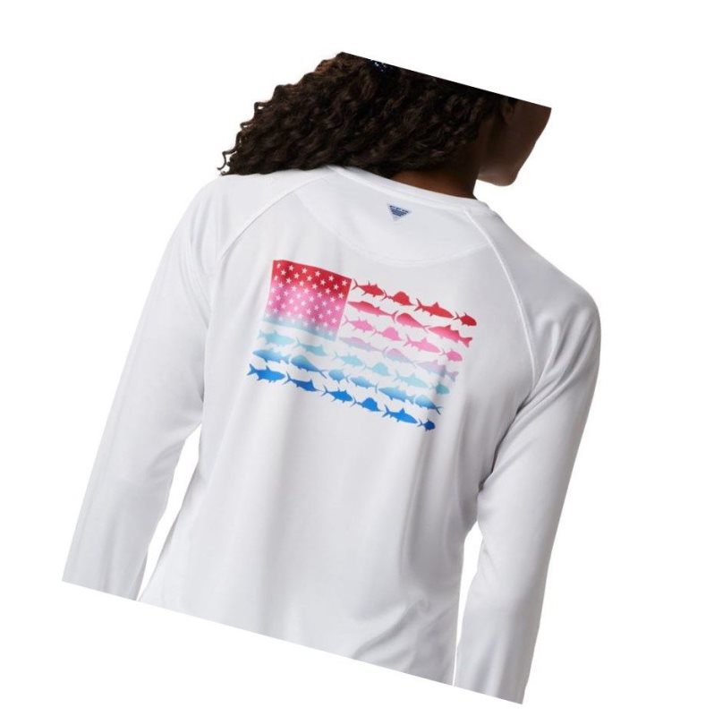 Columbia Tidal PFG Fish Flag Long Sleeve Sweatshirt Kadın Beyaz Kırmızı | 65703-LIYB
